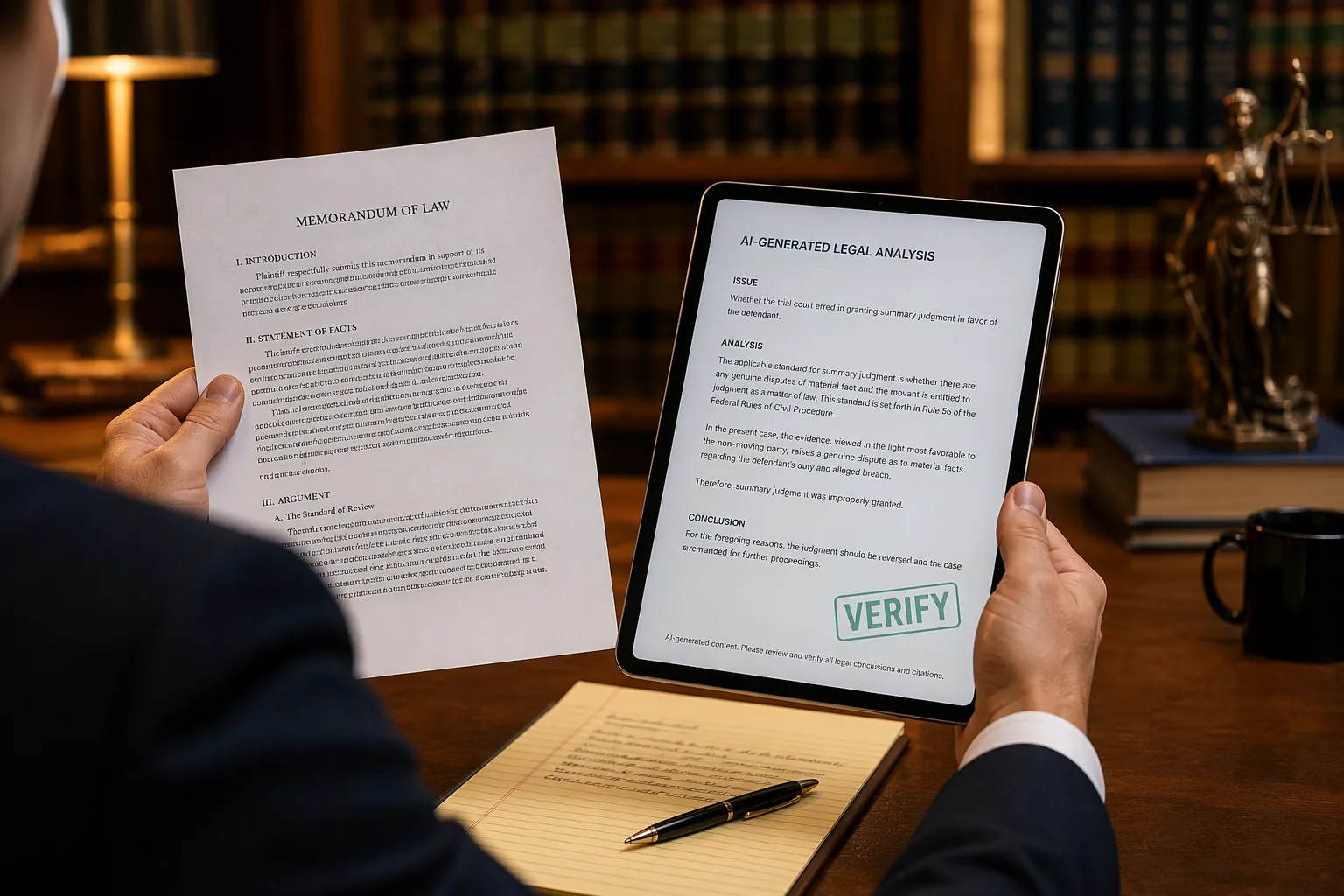 Lawyer reviewing printed legal documents alongside AI-generated legal text marked for verification
