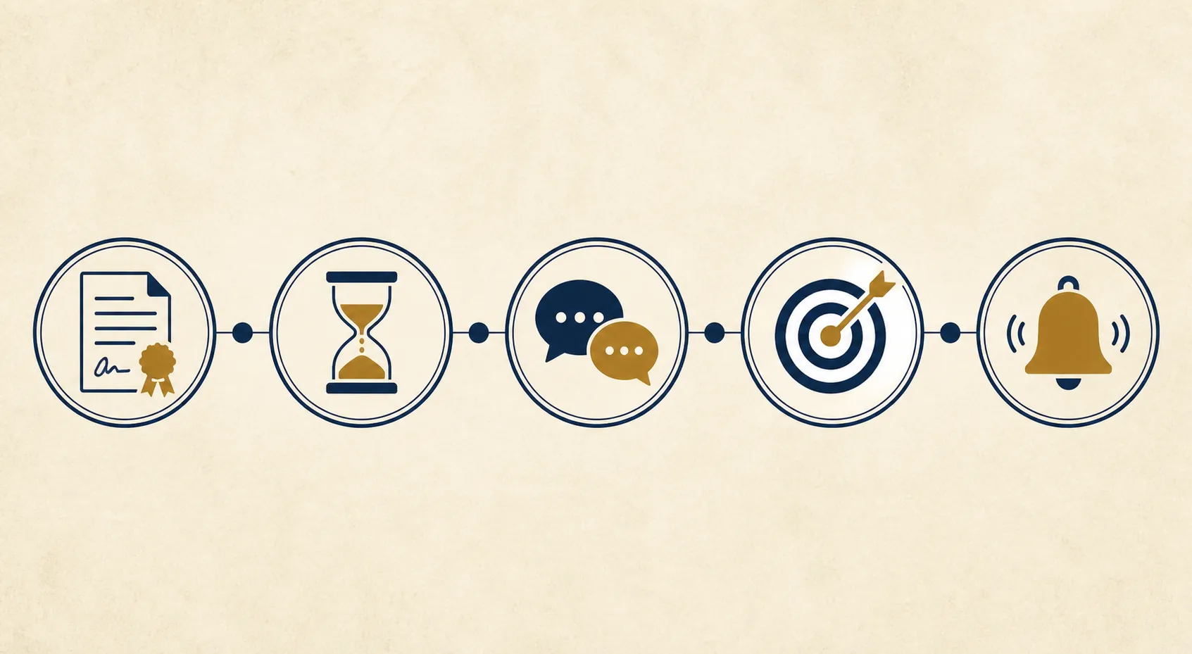 Five checkpoint icons representing internal approval, exhaustion, negotiation, tailoring, and notice