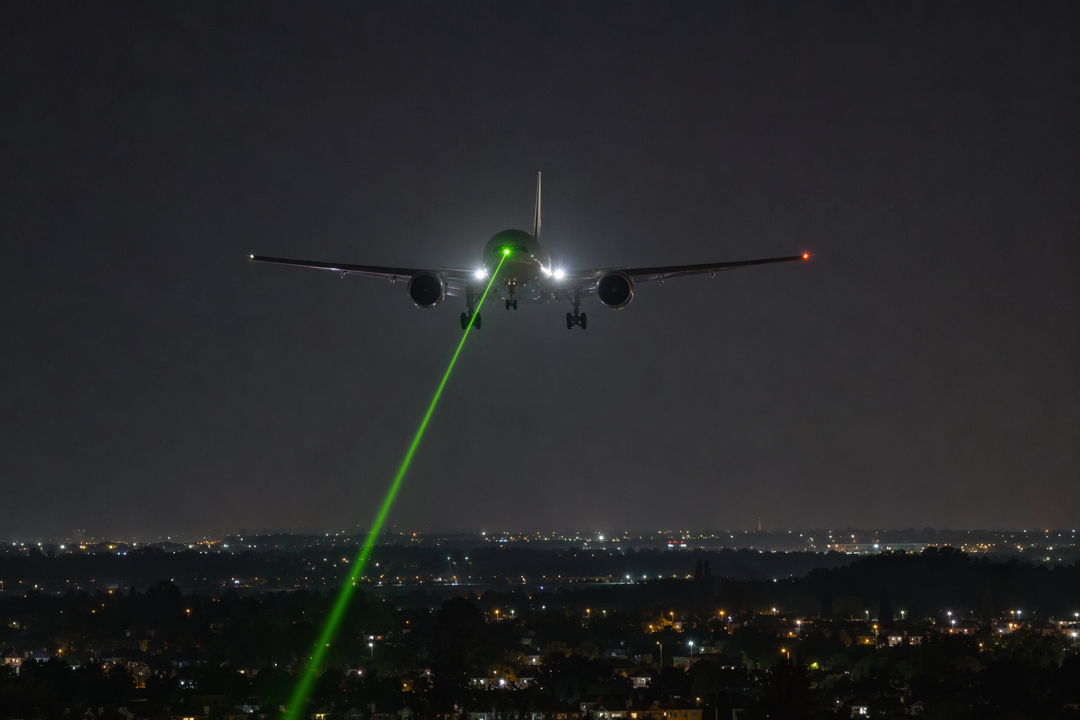 Commercial airliner on final approach at night with a green laser beam reaching toward the cockpit