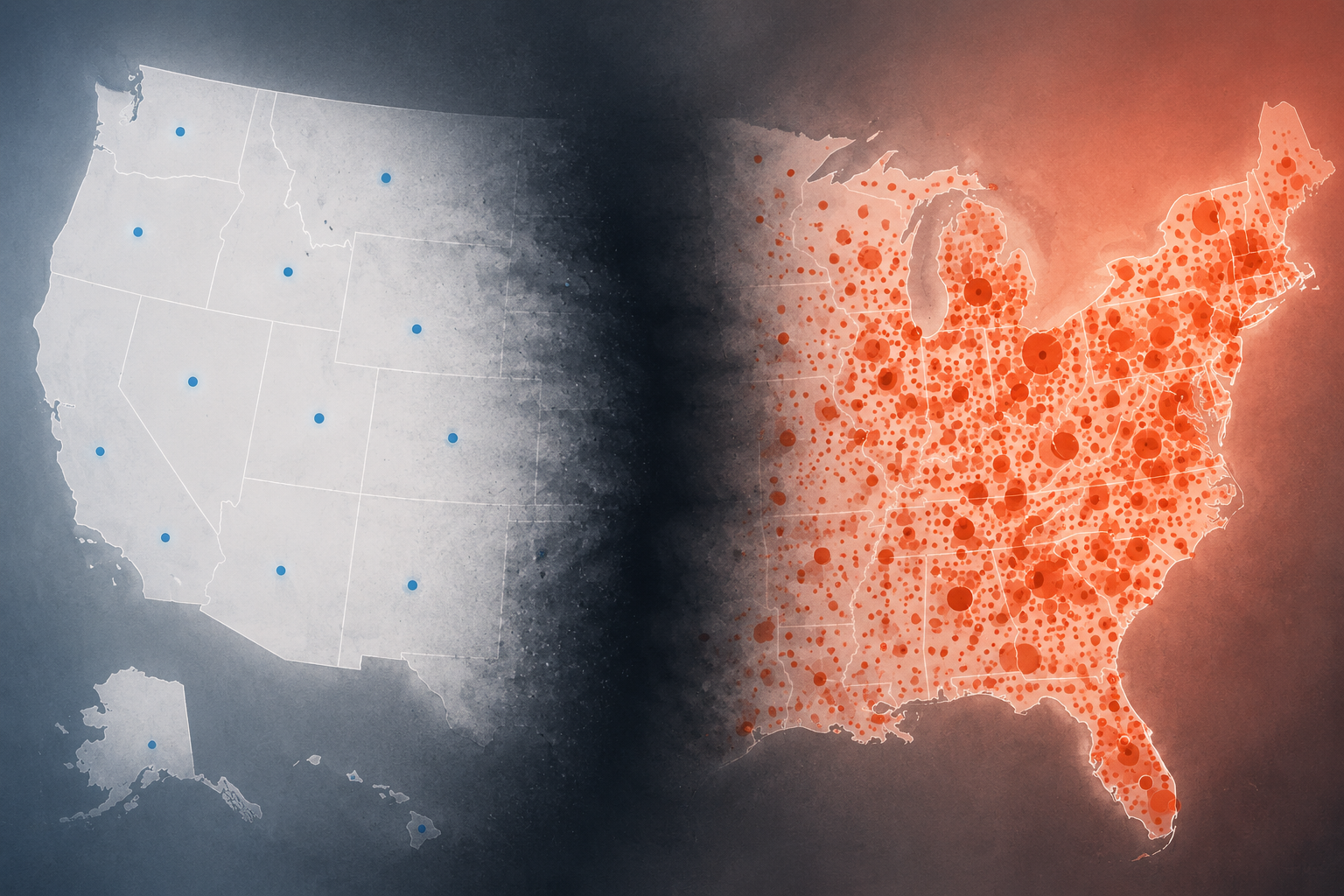 Illustration of a U.S. map with a small confirmed-case cluster separated from a larger diffuse reporting pattern by a blind spot.