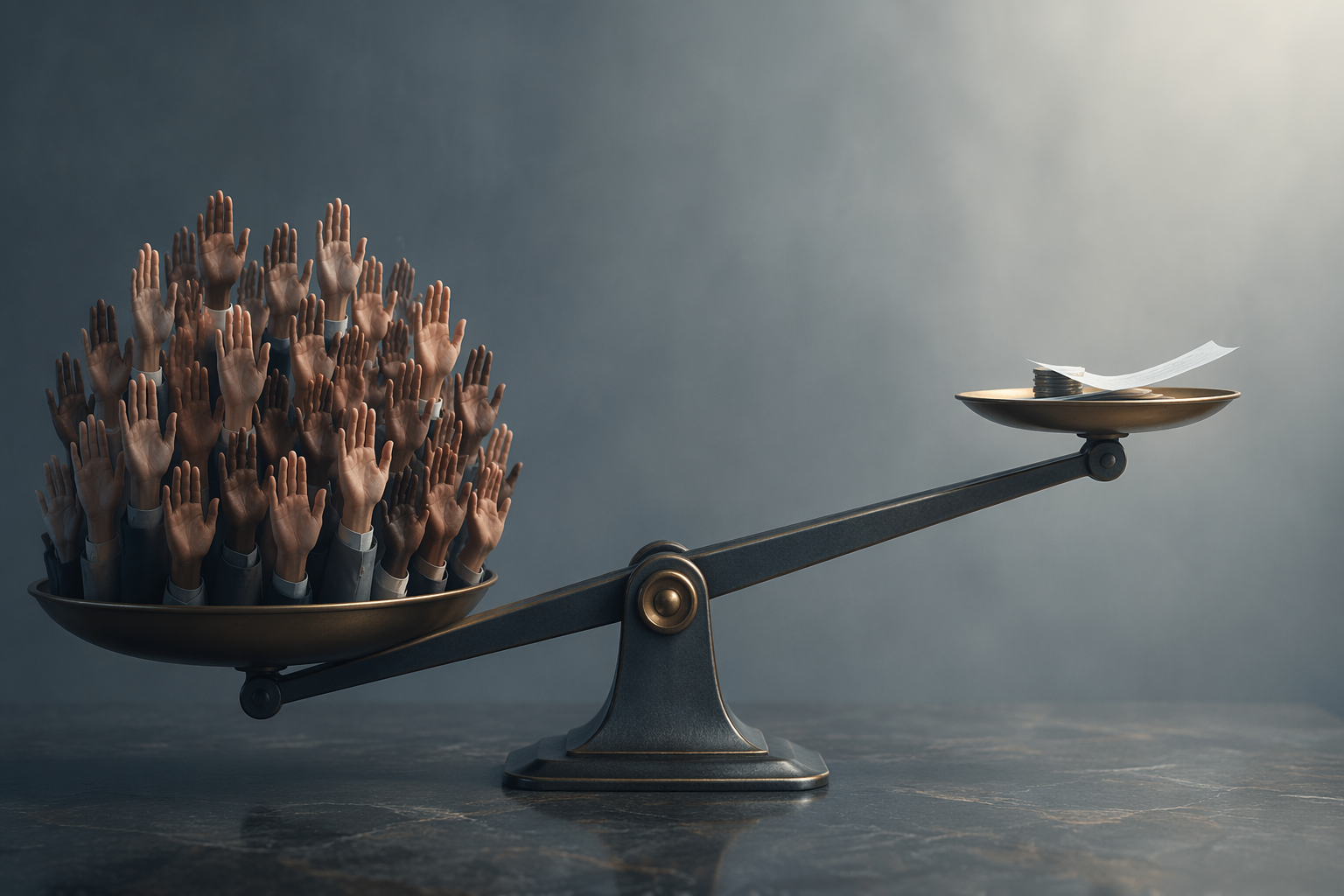 Asymmetric scale showing many raised hands on one side and a small stack of coins on the other