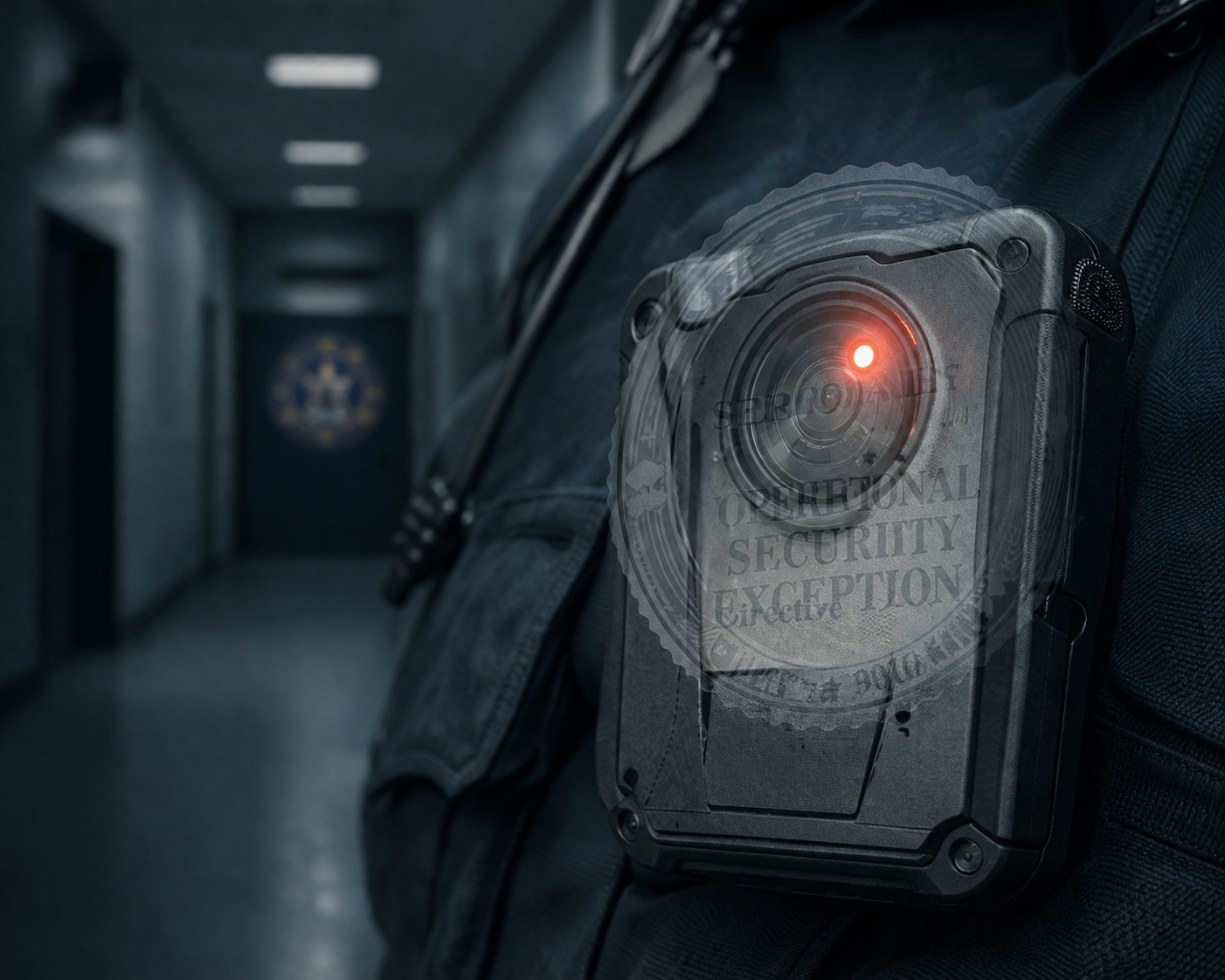 Body camera on a dark law enforcement uniform partly obscured by an official document labeled Operational Security Exception and Directive 19010.3