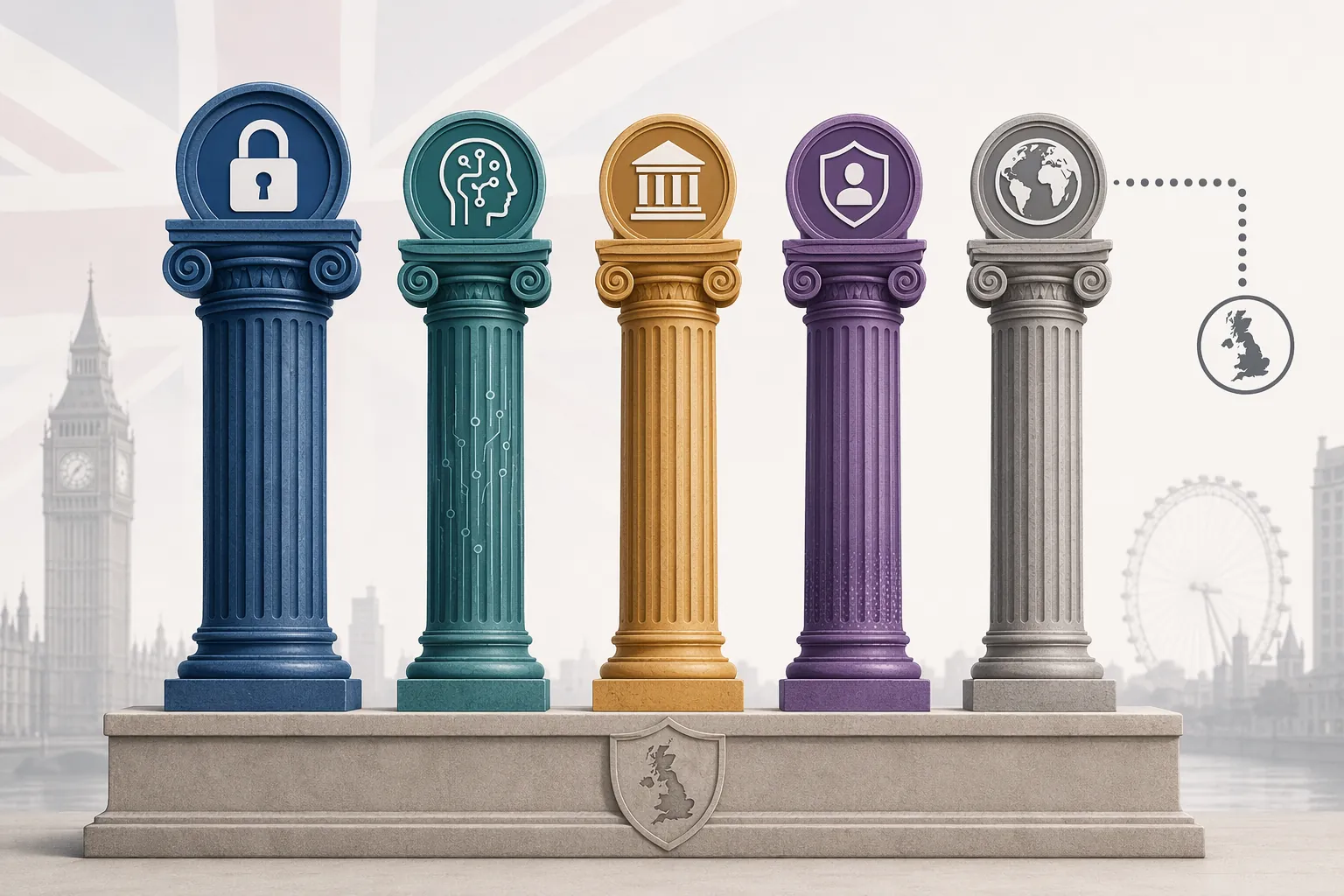 Five regulatory pillars standing on a unified compliance base