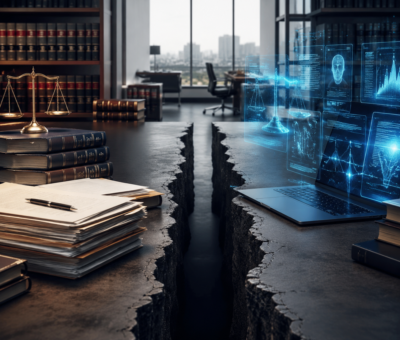 Modern law firm office split between legal rule books and AI research interfaces