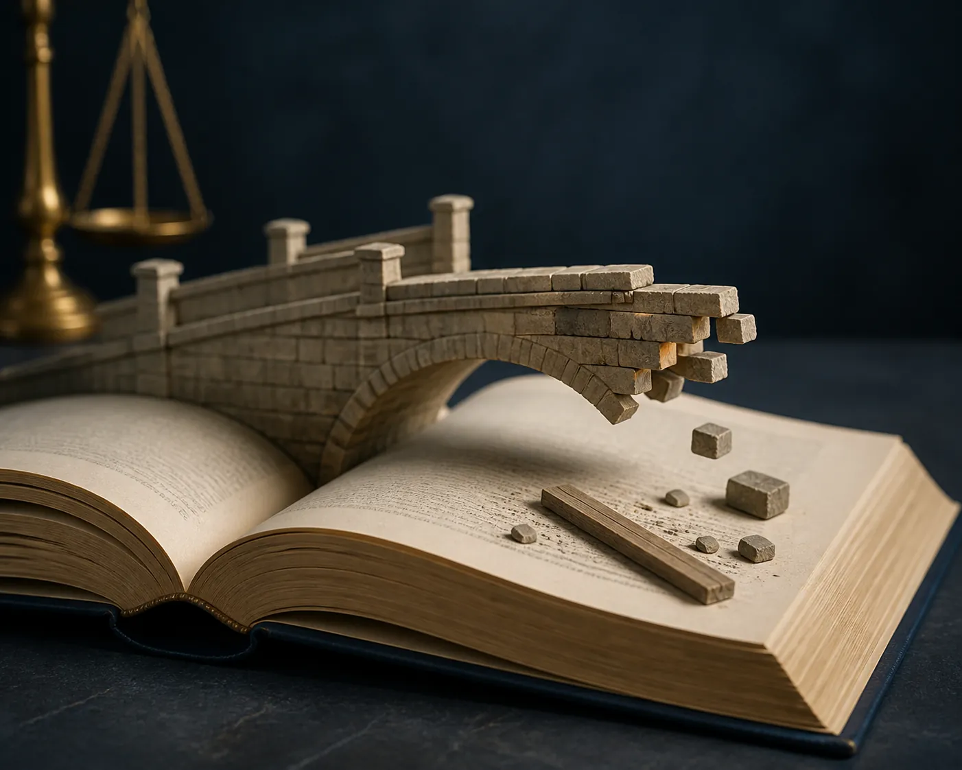 Open law book with an unfinished stone bridge rising from its pages
