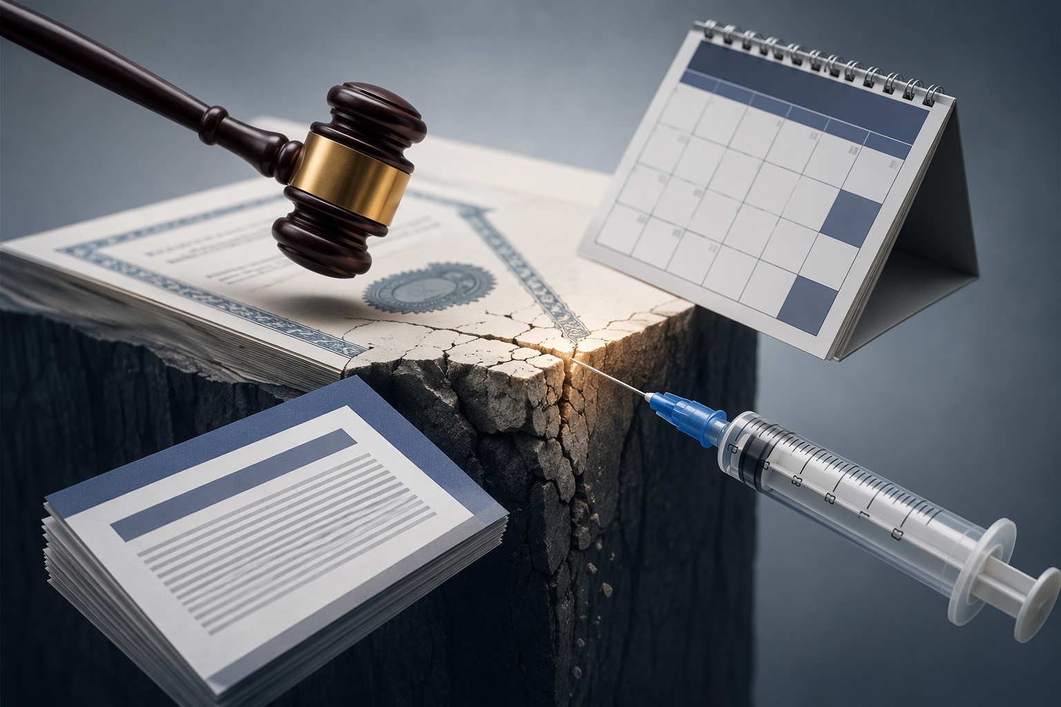 A patent document shaped like a cliff edge with a gavel, calendar, syringe, and regulatory document converging on one point