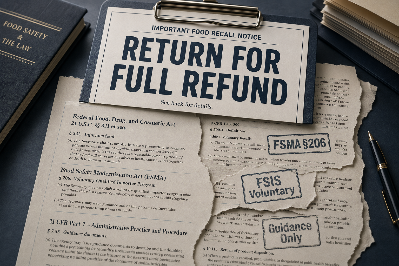 Consumer food recall notice showing return for full refund over fragmented FSMA, FSIS, and guidance documents