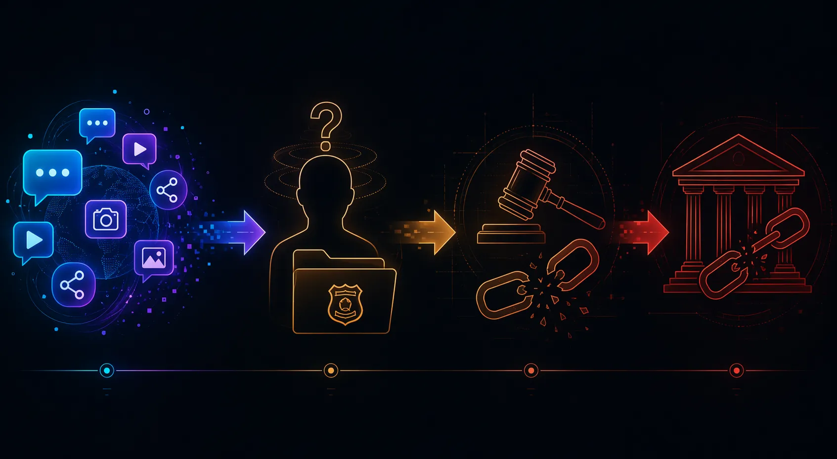 Diagram of AI misinformation flowing from social media into witness memory, police evidence files, chain-of-custody failures, and court admissibility disputes