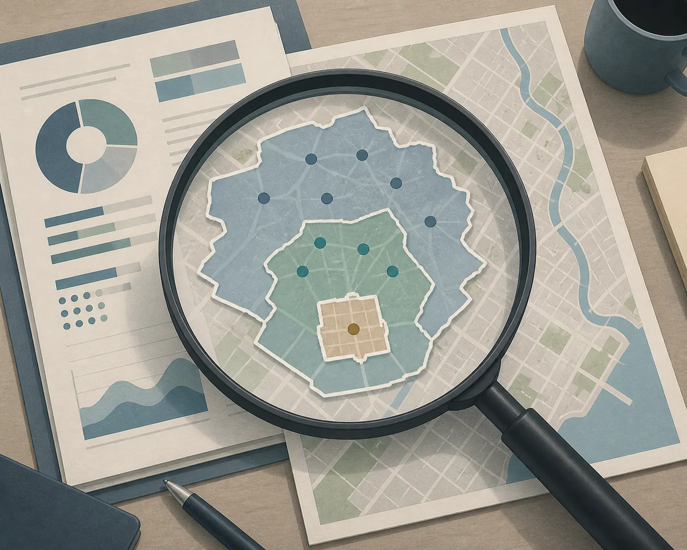 Evaluation report and city map under a magnifying glass with differently sized highlighted geographic areas
