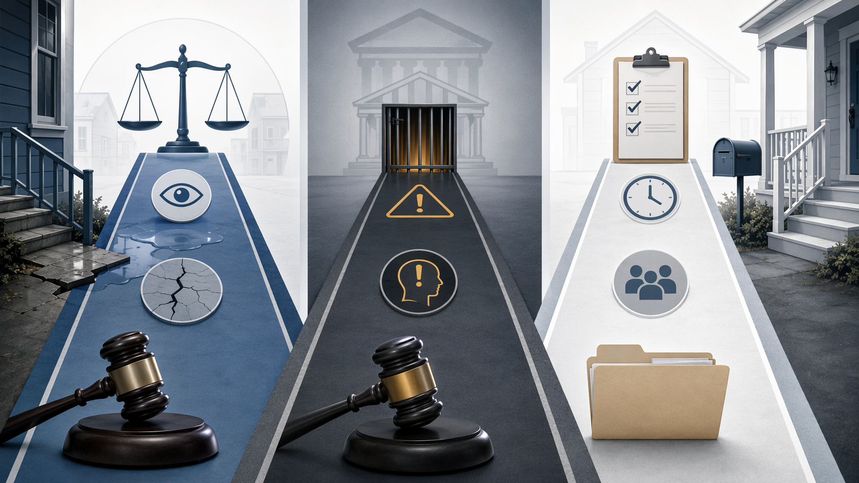 Three separate legal lanes for Massachusetts landlords showing civil liability, criminal liability, and procedural obligations