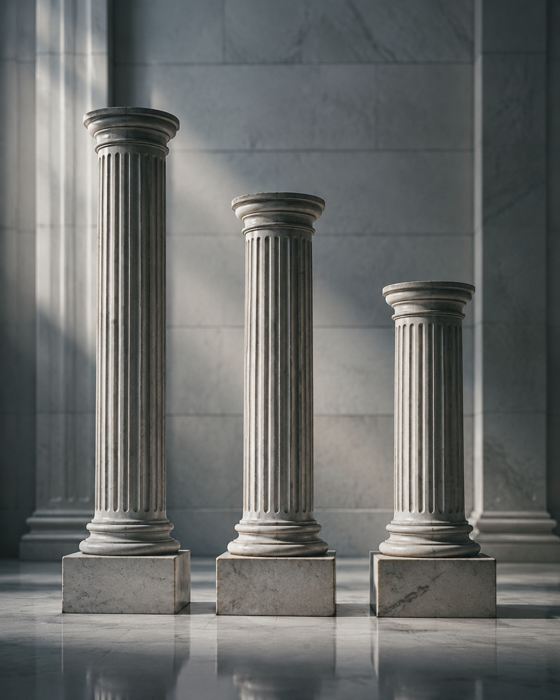 Three courthouse columns of different heights, suggesting a restrained comparison of sentencing outcomes