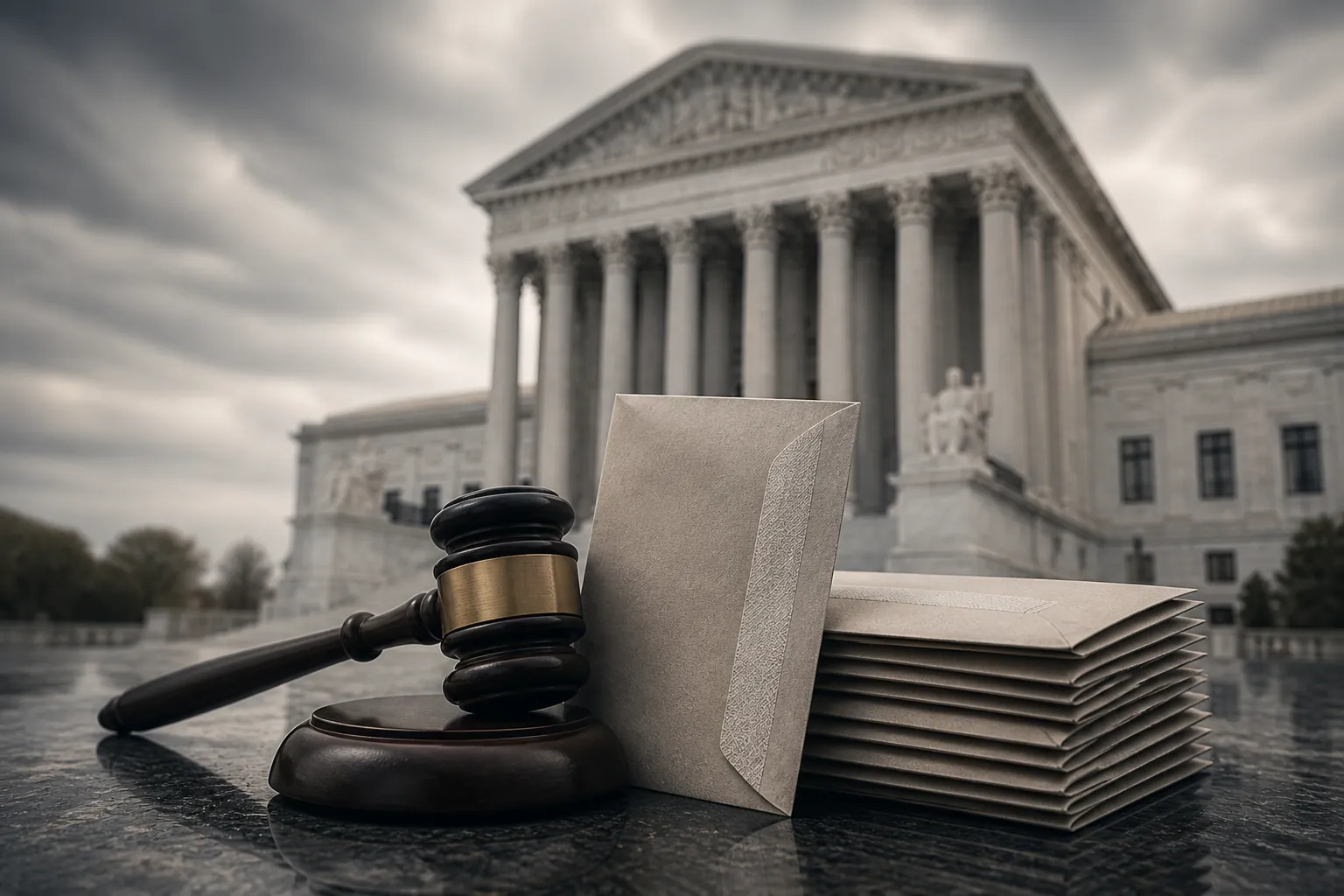 A courthouse facade with a judge's gavel beside sealed ballot envelopes