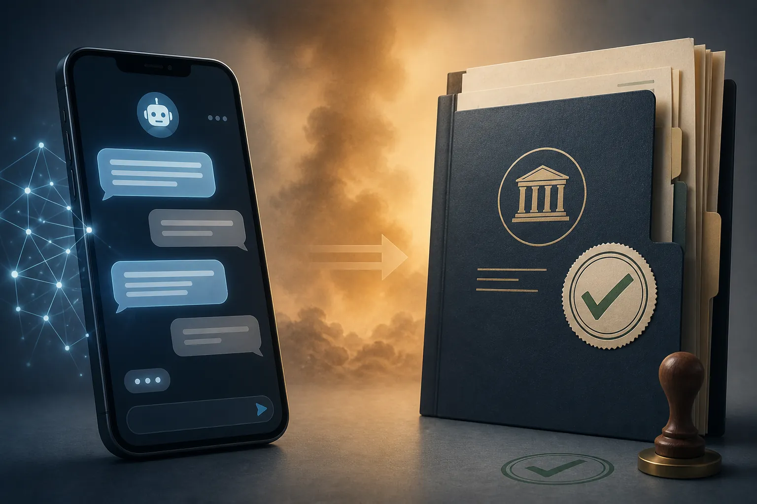 AI chatbot conversation contrasted with an official government document folder in an emergency-information setting