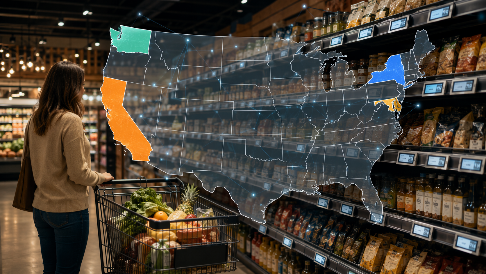 Modern grocery aisle with electronic shelf labels and a translucent United States map highlighting state-level regulatory variation