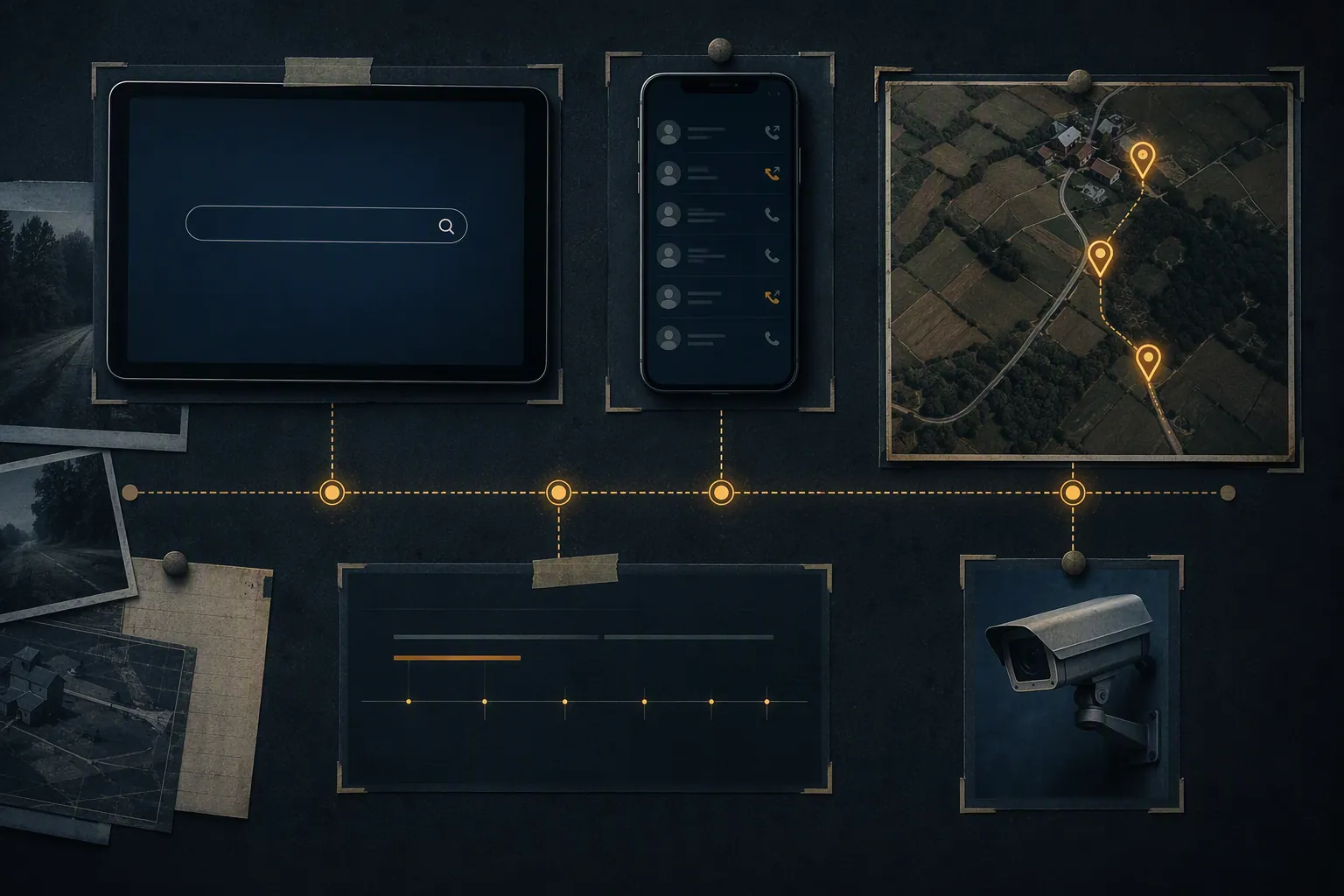 Evidence-board illustration linking a tablet, phone records, route map, GPS pings, and surveillance camera with timestamp lines