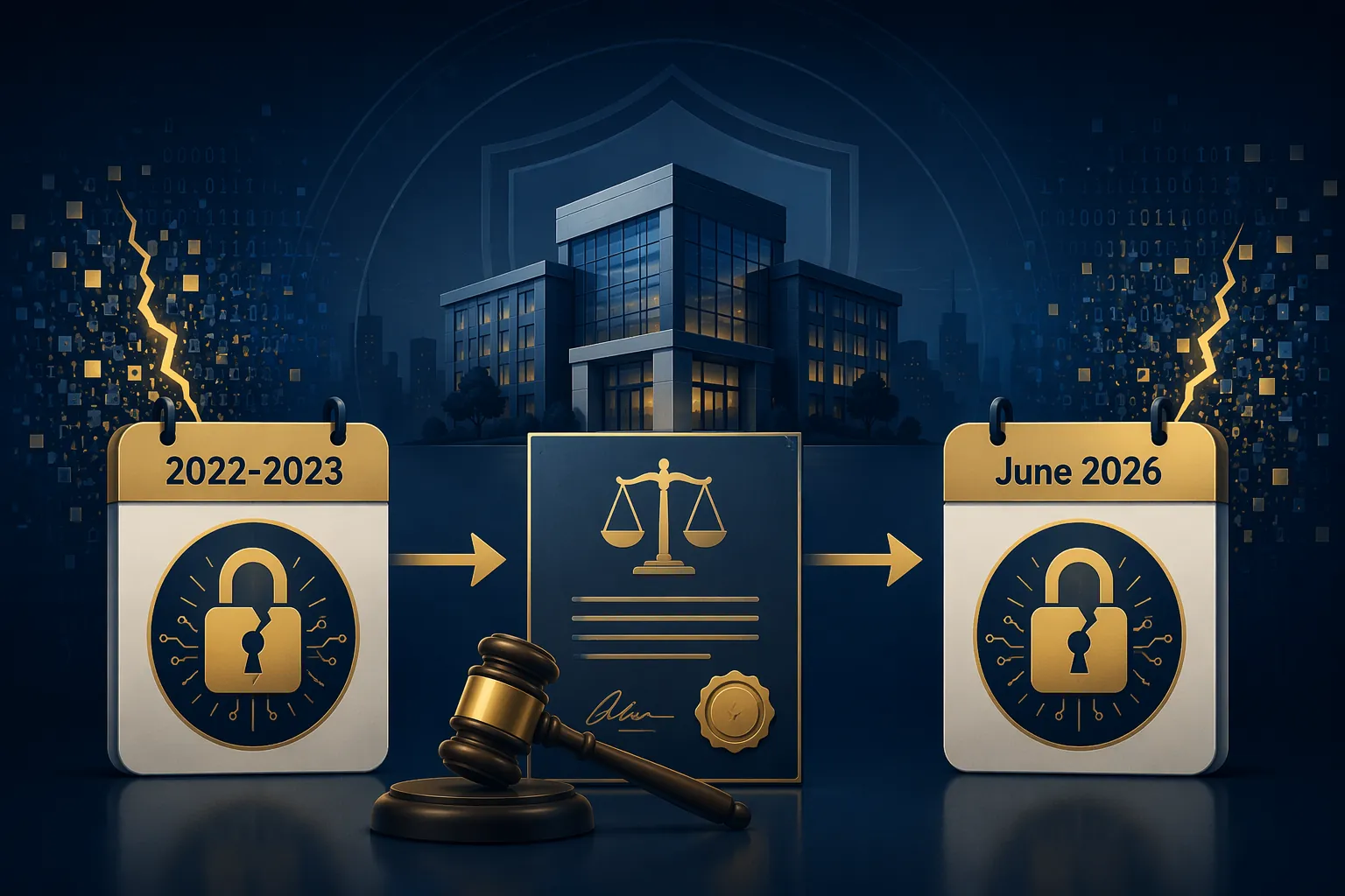 Timeline illustration showing Chick-fil-A breach events in 2022-2023 and June 2026 connected to legal consequences