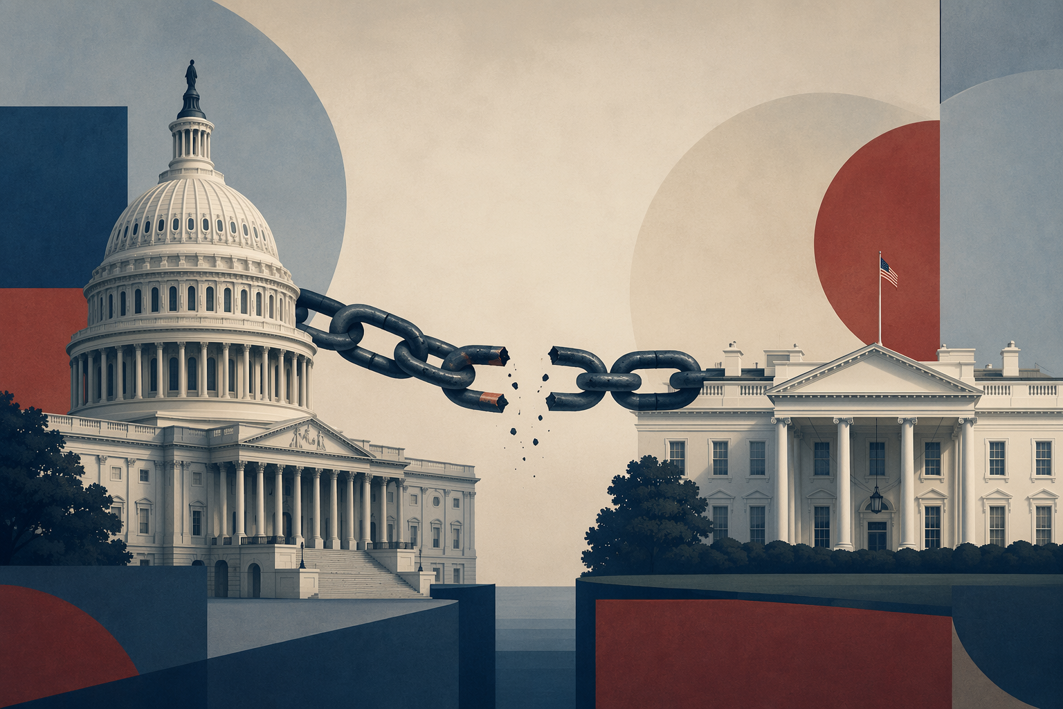 Editorial illustration of the U.S. Capitol and White House in tension with a broken chain link between them