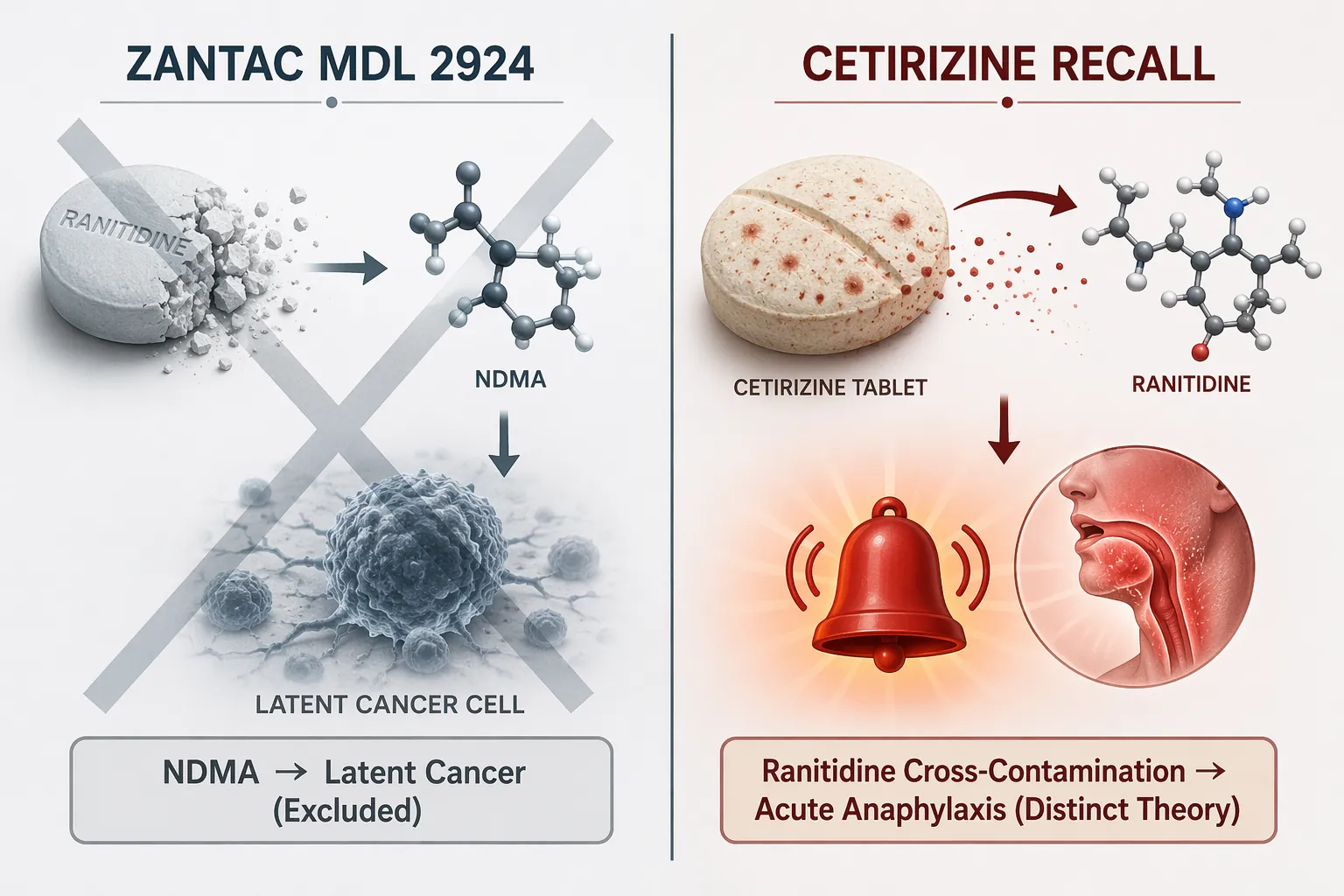 Side-by-side comparison of Zantac NDMA cancer theory and cetirizine ranitidine cross-contamination anaphylaxis theory