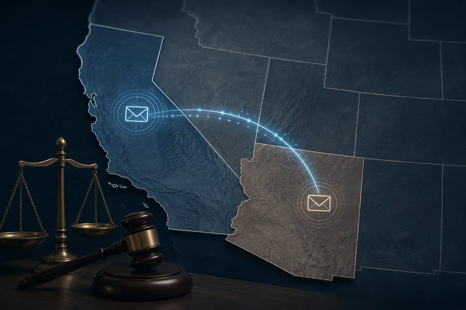 Stylized southwestern United States map showing a communication signal crossing from California to Arizona with a gavel
