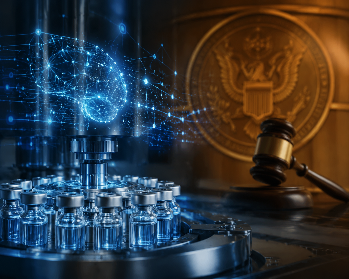 Glowing AI interface above a pharmaceutical lab vial with regulatory warning cues