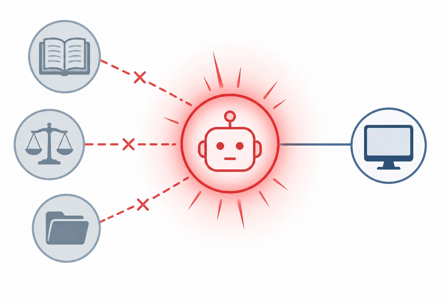 A central AI node connected to legal verification sources with an alert breaking the connections