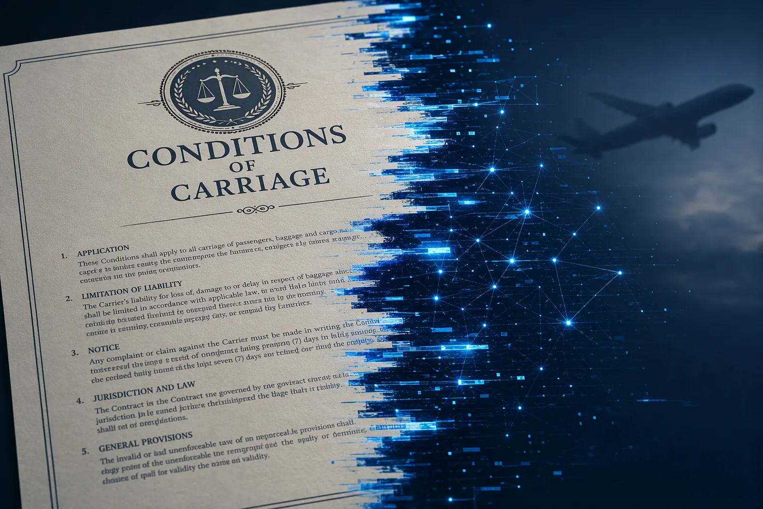 A legal contract document overlaid with a blue digital glitch and airplane silhouette