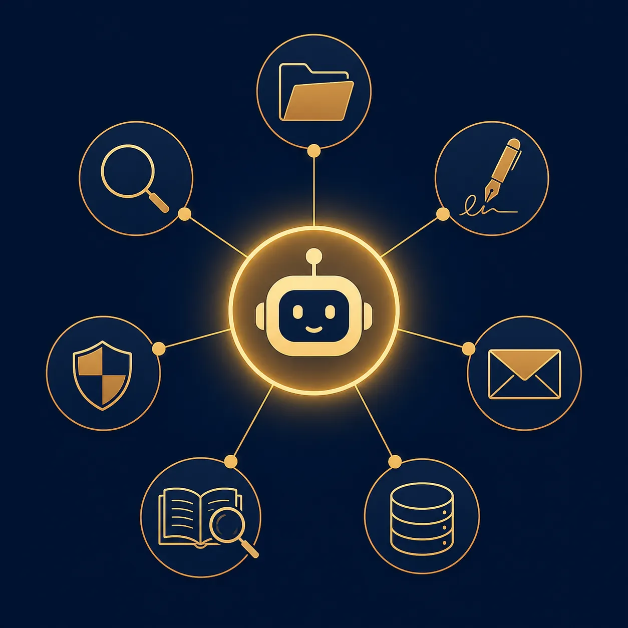 Hub-and-spoke diagram showing a central AI node connected to legal document, email, research, database, signature, and security systems