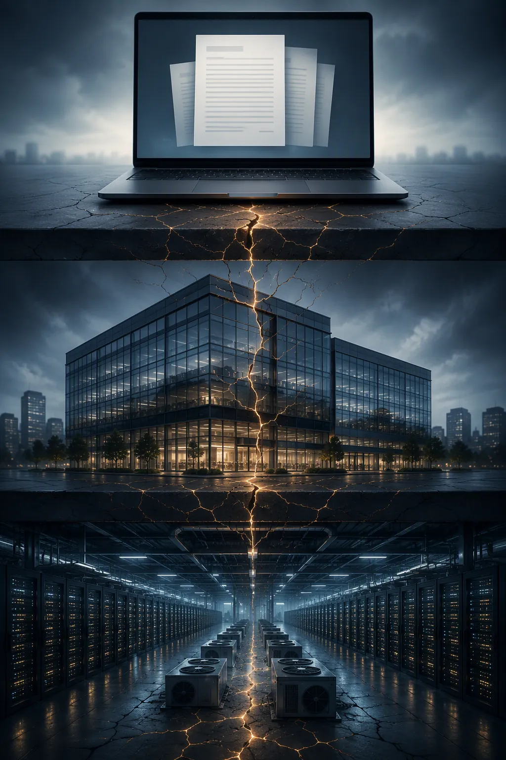 Illustration of legal software, a corporate building, and a data center stacked together with cracks rising from the infrastructure layer