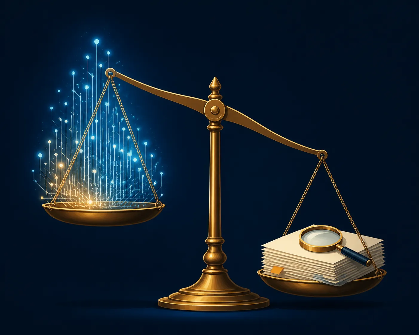 Unbalanced brass scale with connected AI nodes outweighing legal documents under review