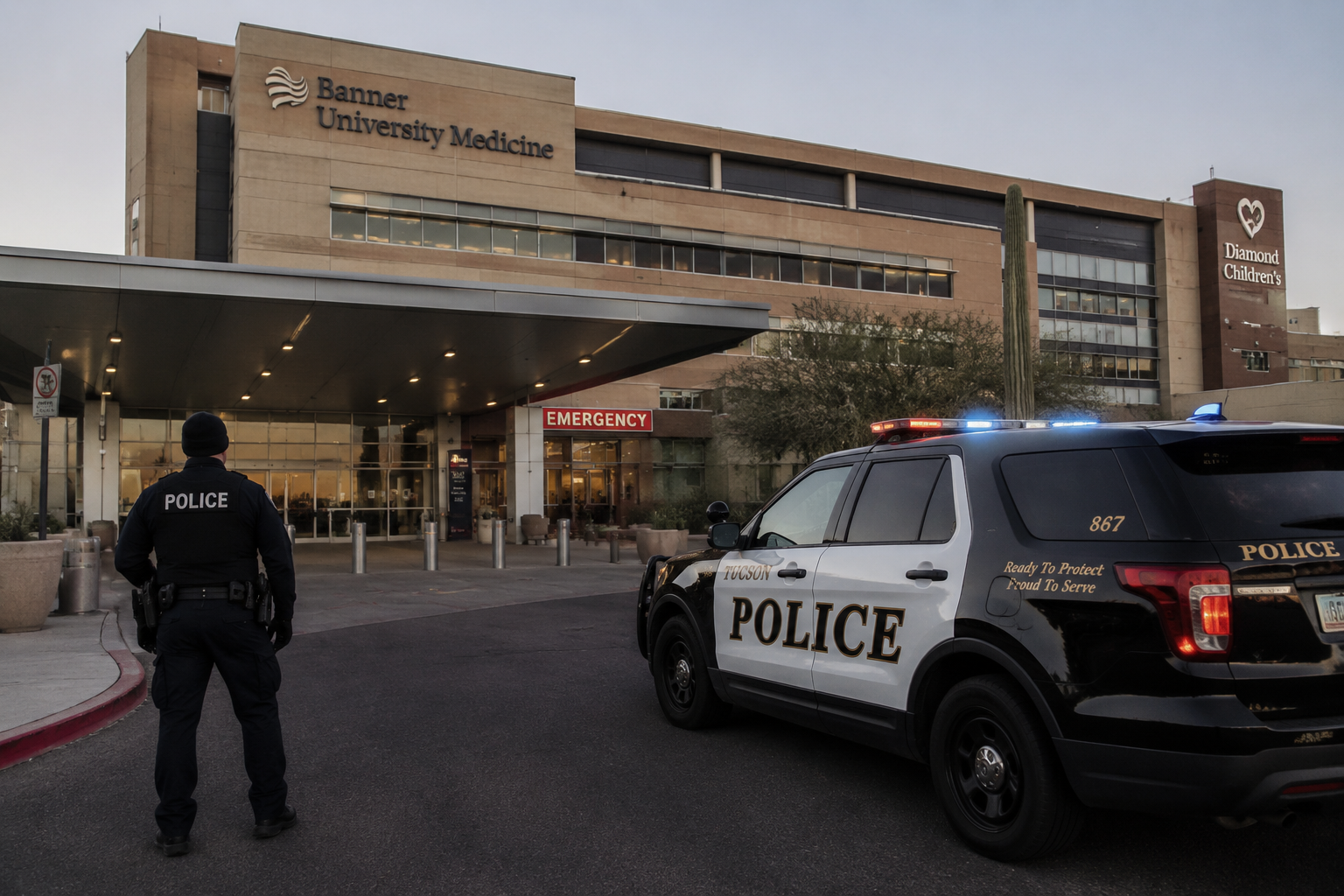 Hospital exterior with a Tucson Police Department patrol vehicle and an officer standing guard near the entrance