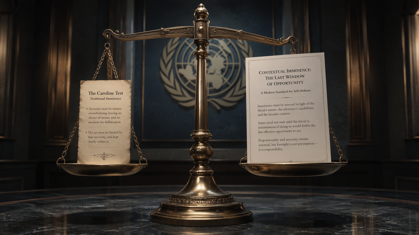 Legal balance scale before a UN emblem weighing traditional Caroline imminence against contextual last-window imminence