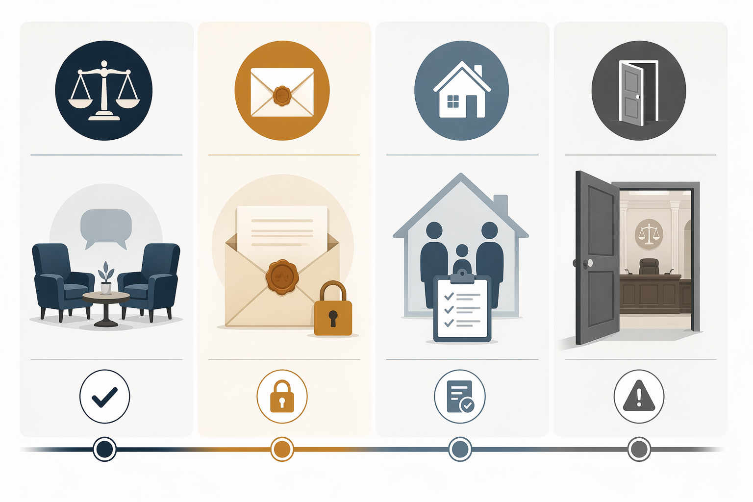 Minimalist framework showing mediation, postnuptial agreement, parenting plan, and no-prenup exposure as legal tools on a timeline