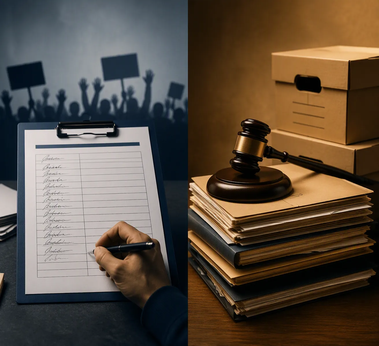 Petition signature sheet contrasted with court files, records boxes, and a judge's gavel