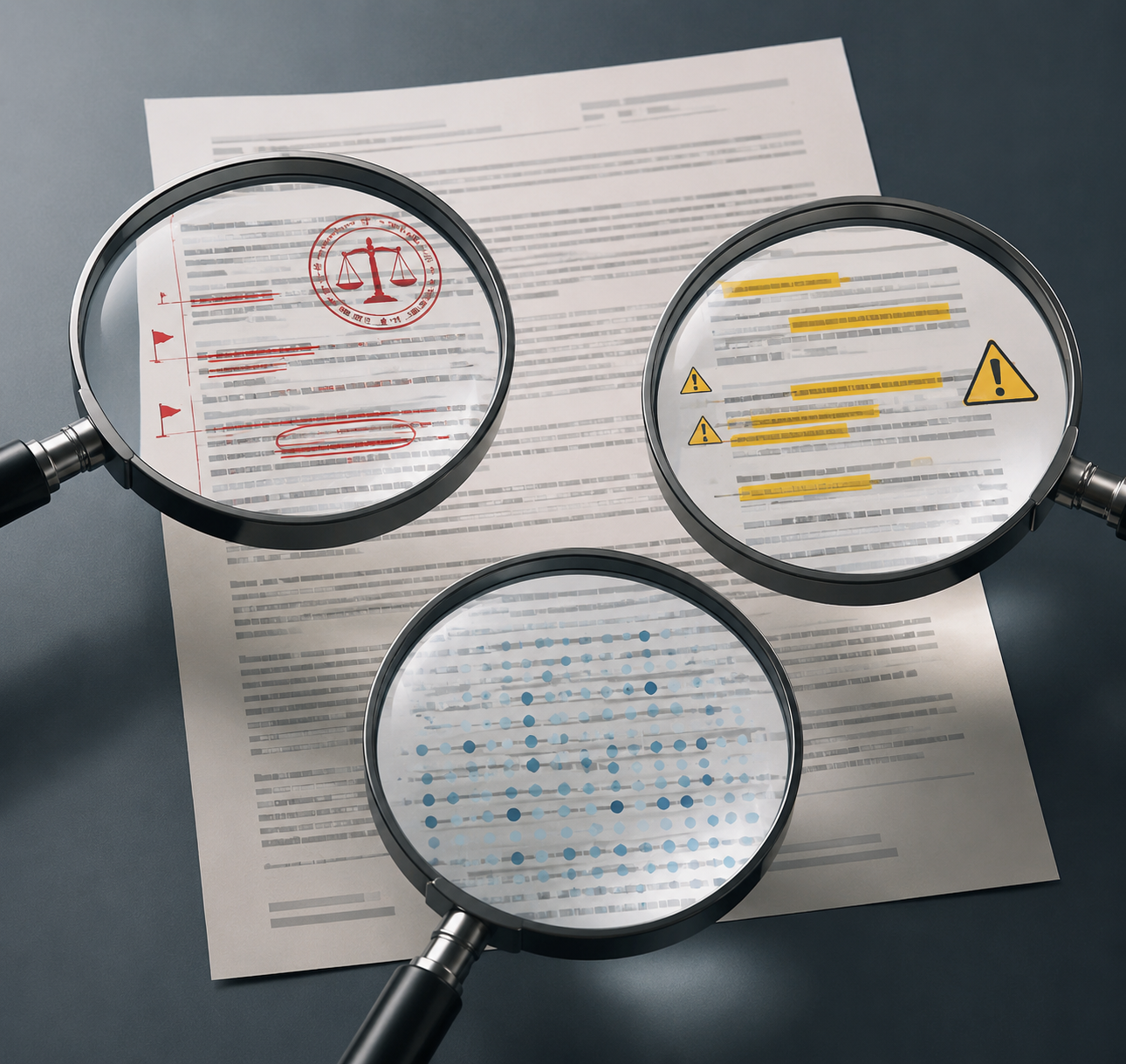 Three magnifying lenses reveal different annotations on the same legal document