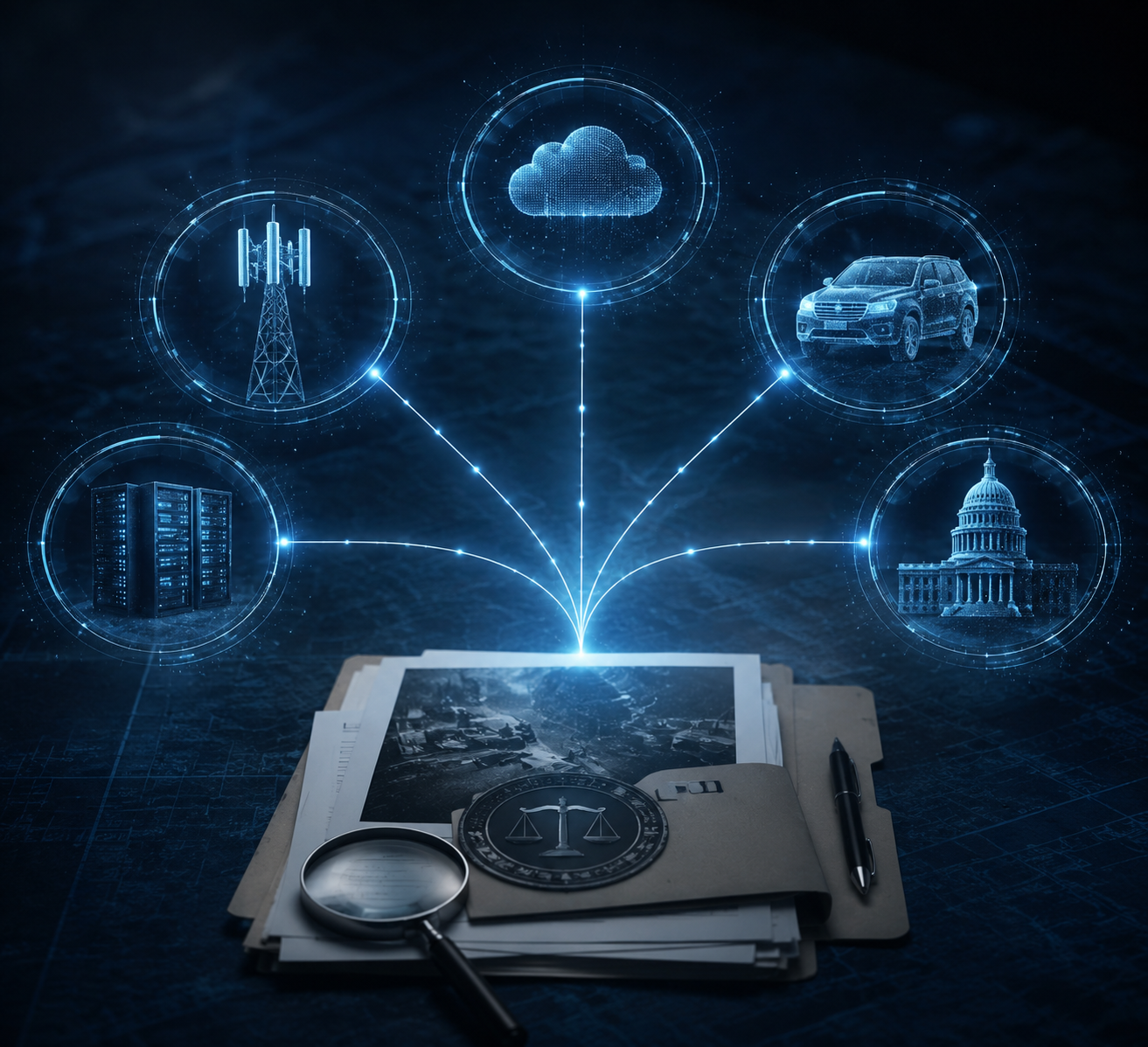 Connected cloud, cell tower, vehicle, and database icons representing a coordinated multi-source digital warrant strategy