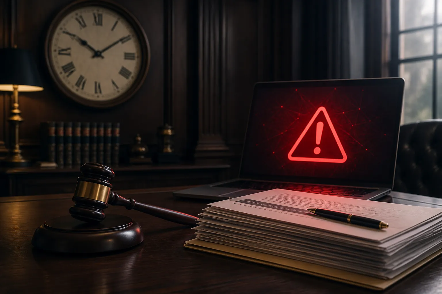 Gavel, legal documents, courthouse clock, and laptop warning badge showing that legal deadlines continue while an AI service is impaired