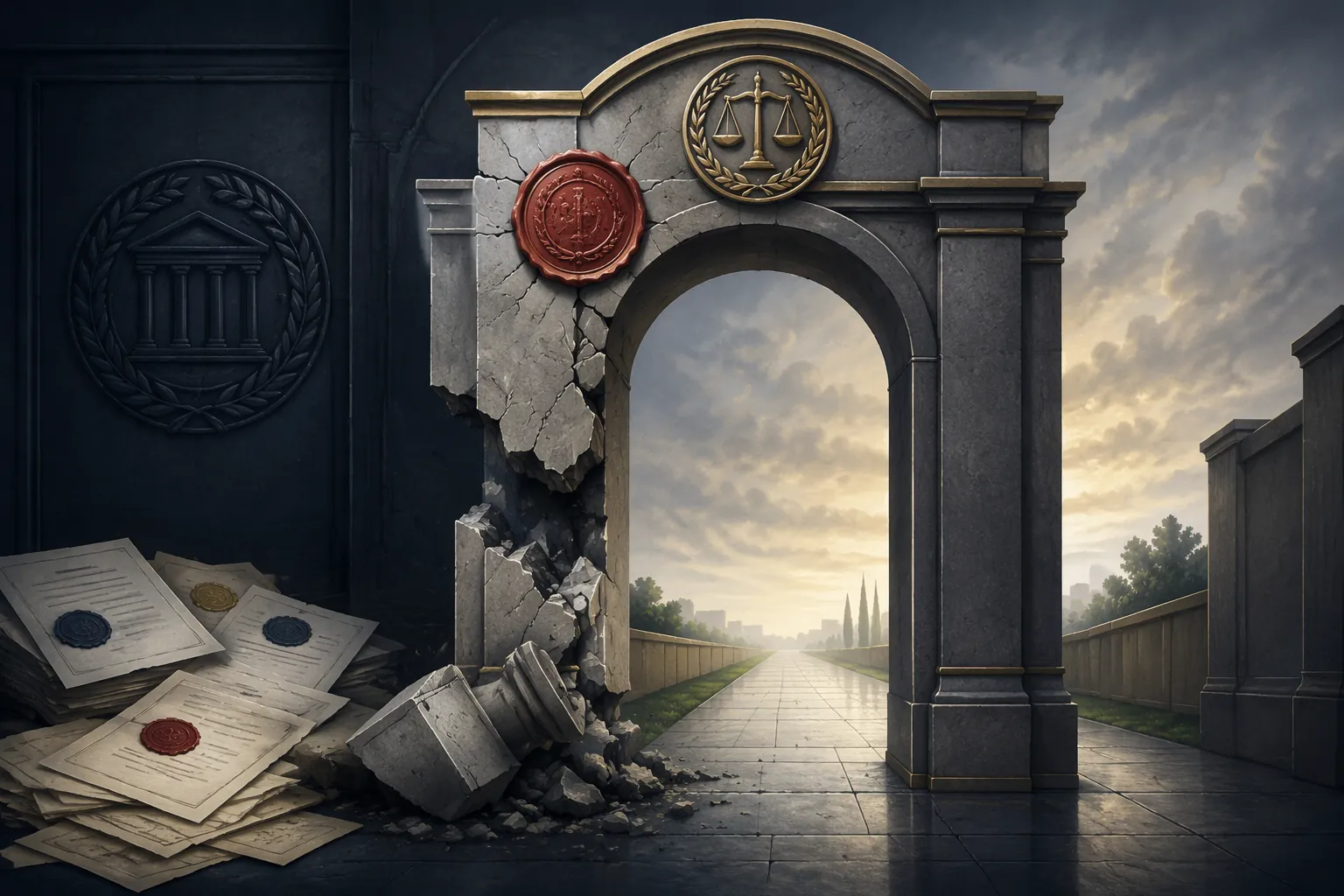 Cracked legal compliance gateway with official seal, scattered stamped documents, and an open pathway forward