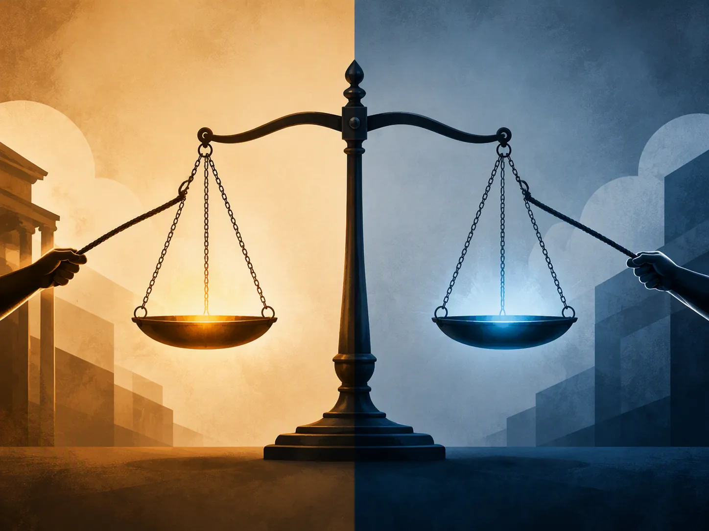 Balance scale pulled between warm amber and cool blue sides, symbolizing a contested litigation split