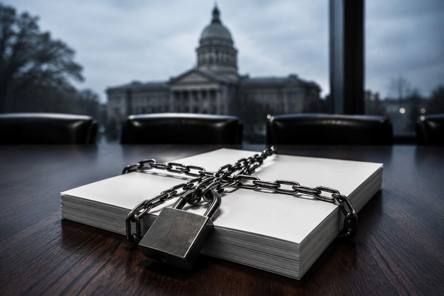 A chained municipal contract on a government meeting table with city hall in the background