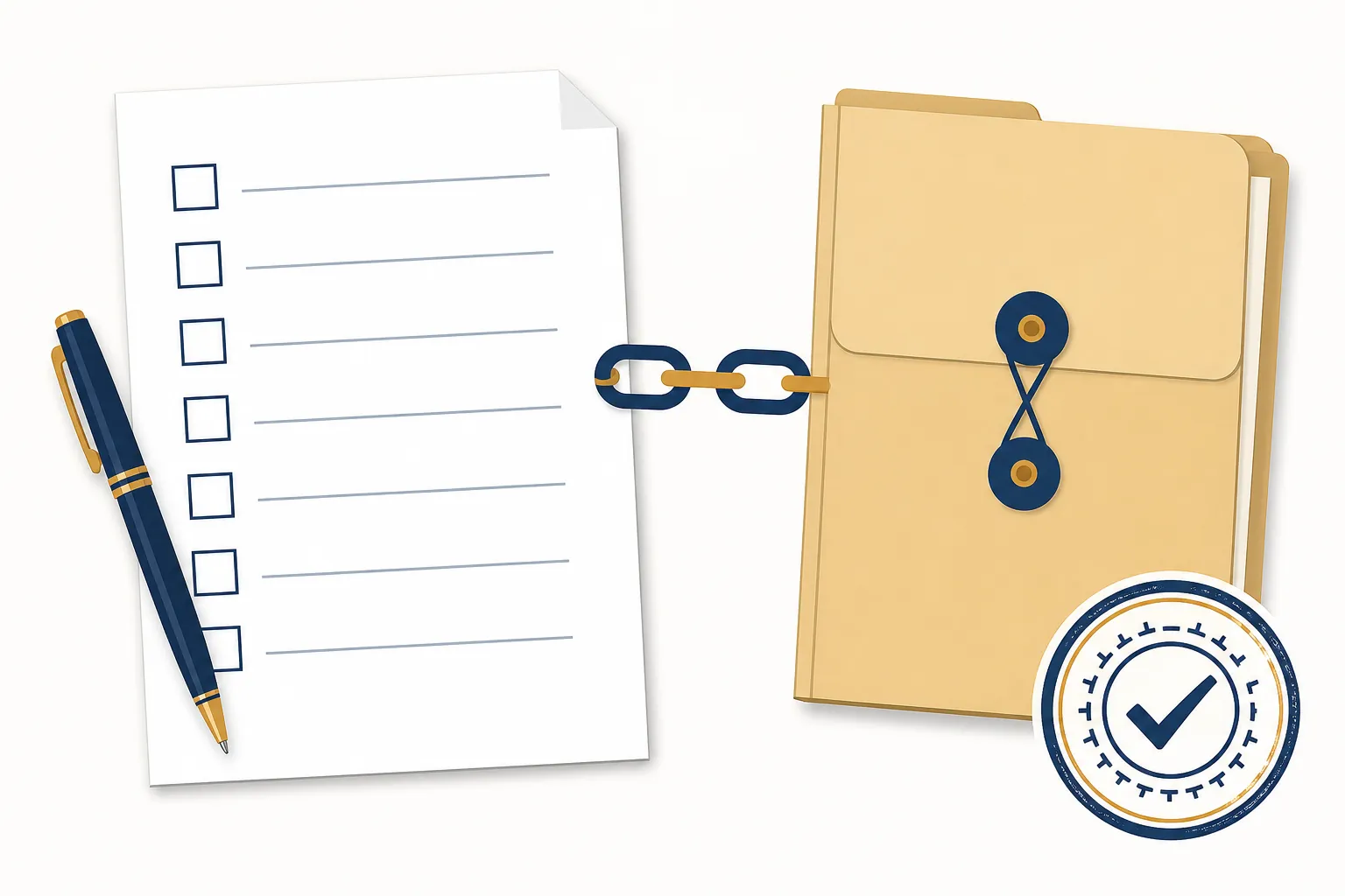 Vendor-vetting checklist linked by a paper chain to a sealed archive folder
