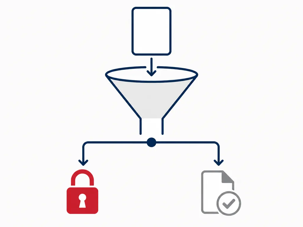 Screening decision path diagram with counterparty entry feeding into freeze and documentation branches