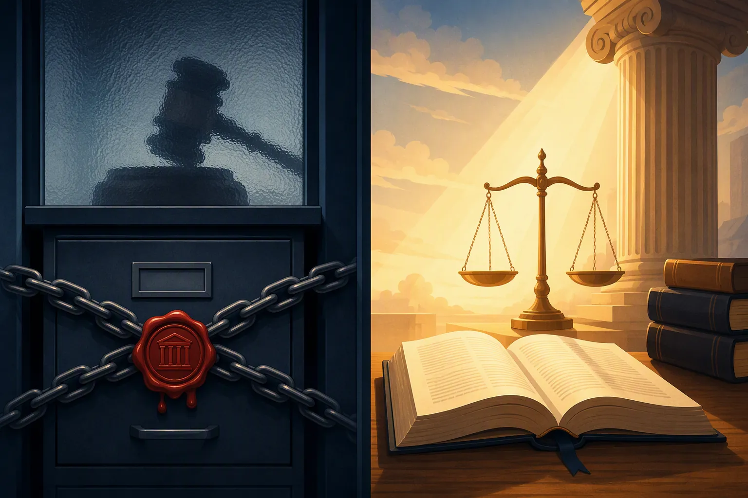 A split legal illustration contrasting a sealed government file with an open law book and courthouse scales