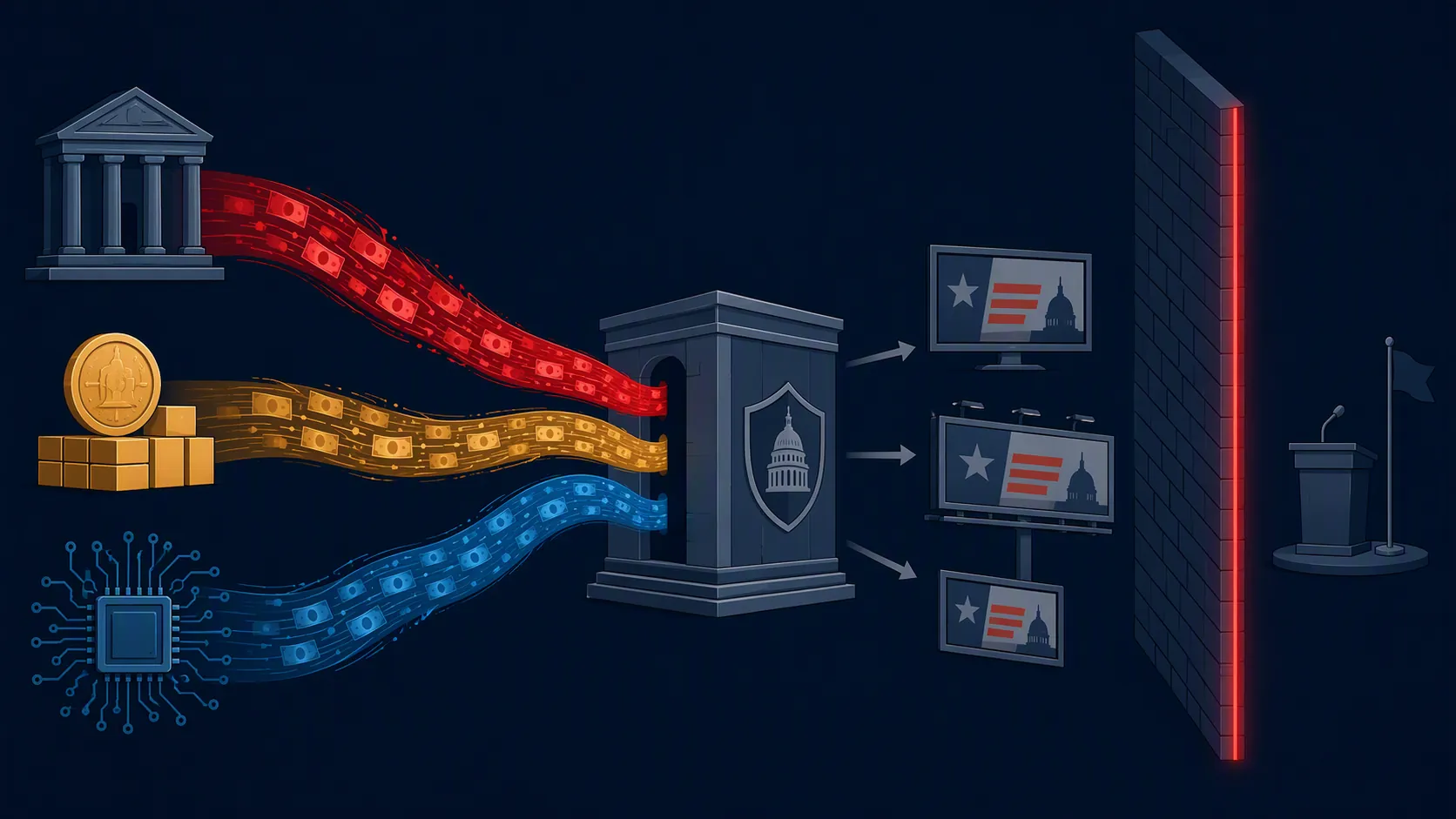 Three money streams from civic, coin, and circuit-chip sources flow into a structured fund block separated from a campaign podium by a barrier