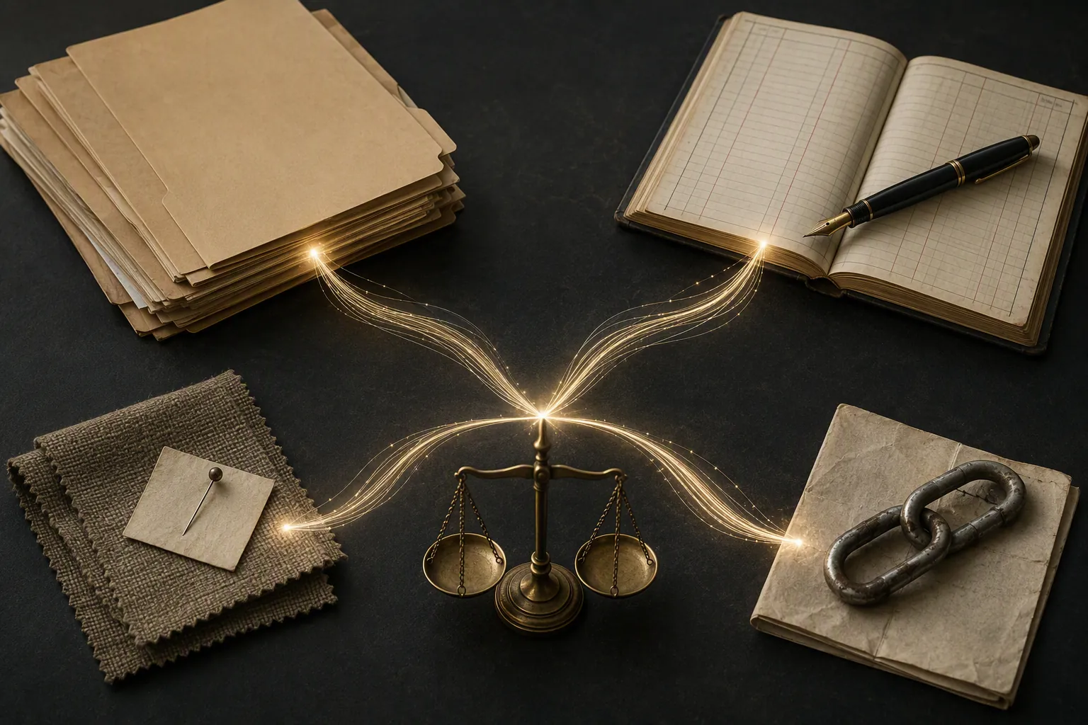 Evidence-handling objects on a desk connected by strands of light to a brass balance scale
