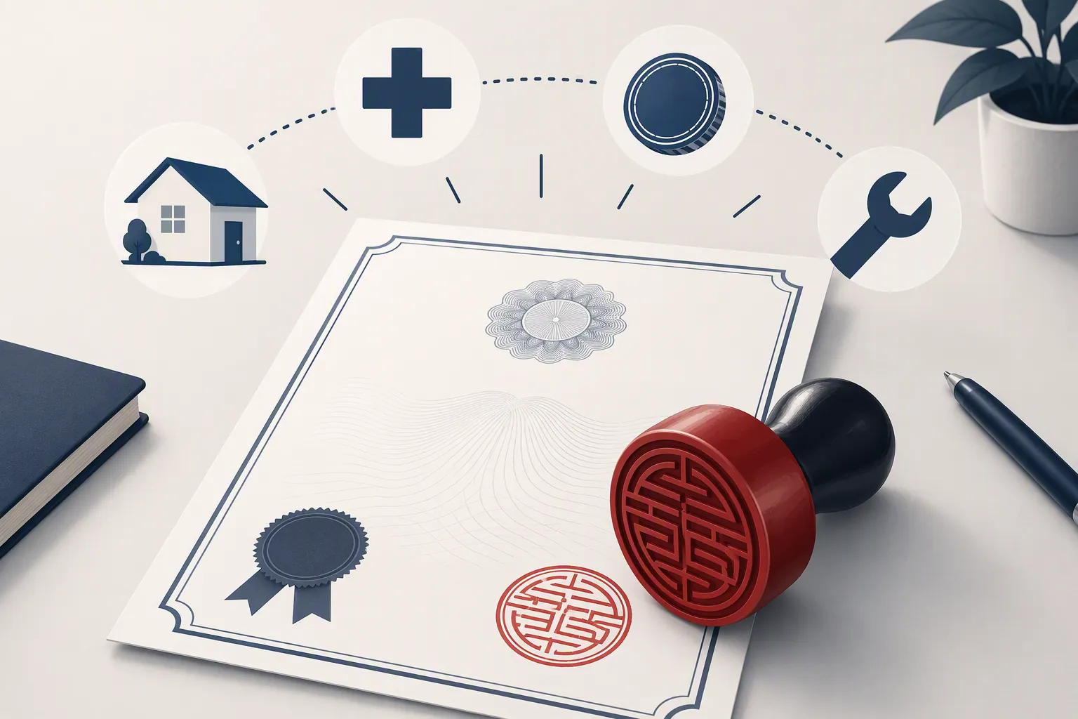Official certificate document with red seal surrounded by icons for housing, health, money, and repairs