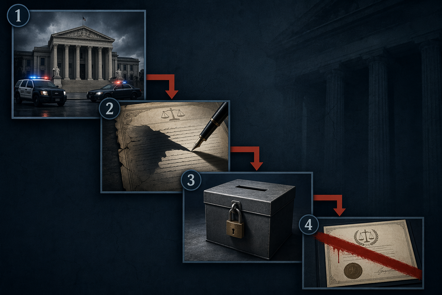 A four-step sequence showing a courthouse with police vehicles, a rewritten constitution, a locked ballot box, and a lawyer credential struck through