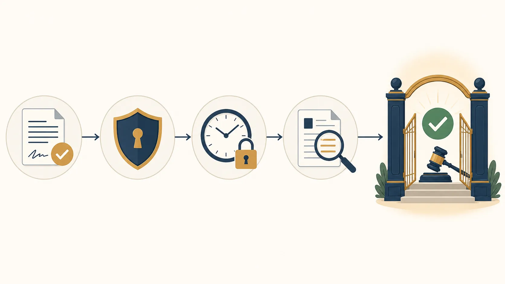 Five-step verification workflow showing consent, privilege controls, retention review, transcript checking, and approval gate