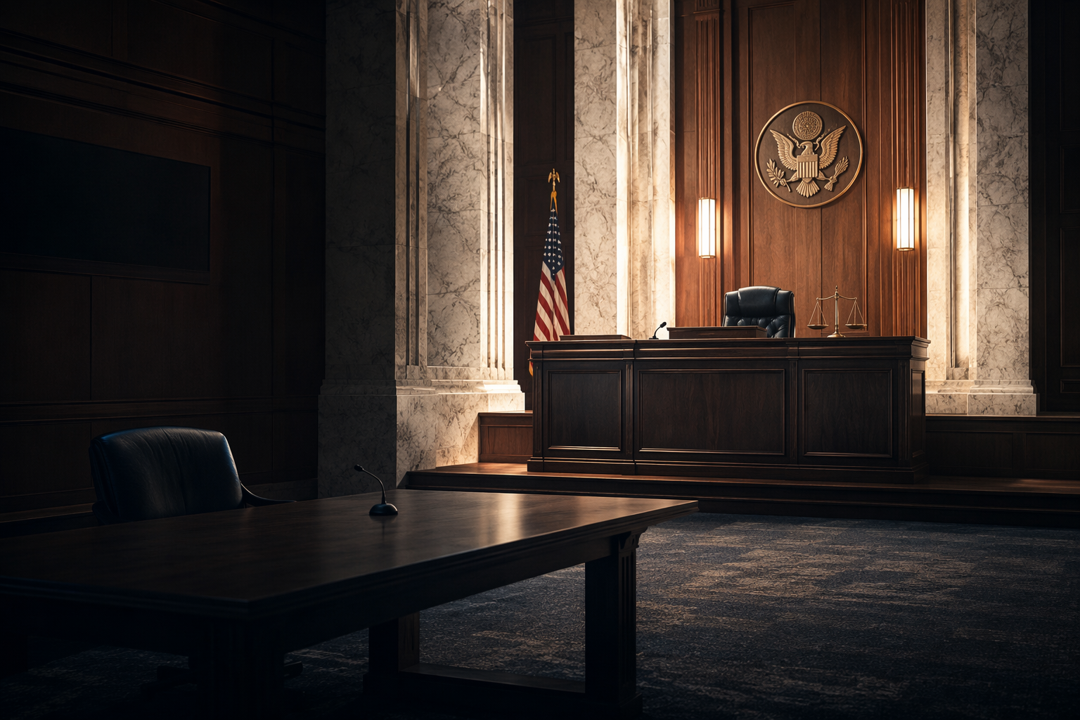 Federal courtroom with an empty government counsel table and a well-lit judge's bench