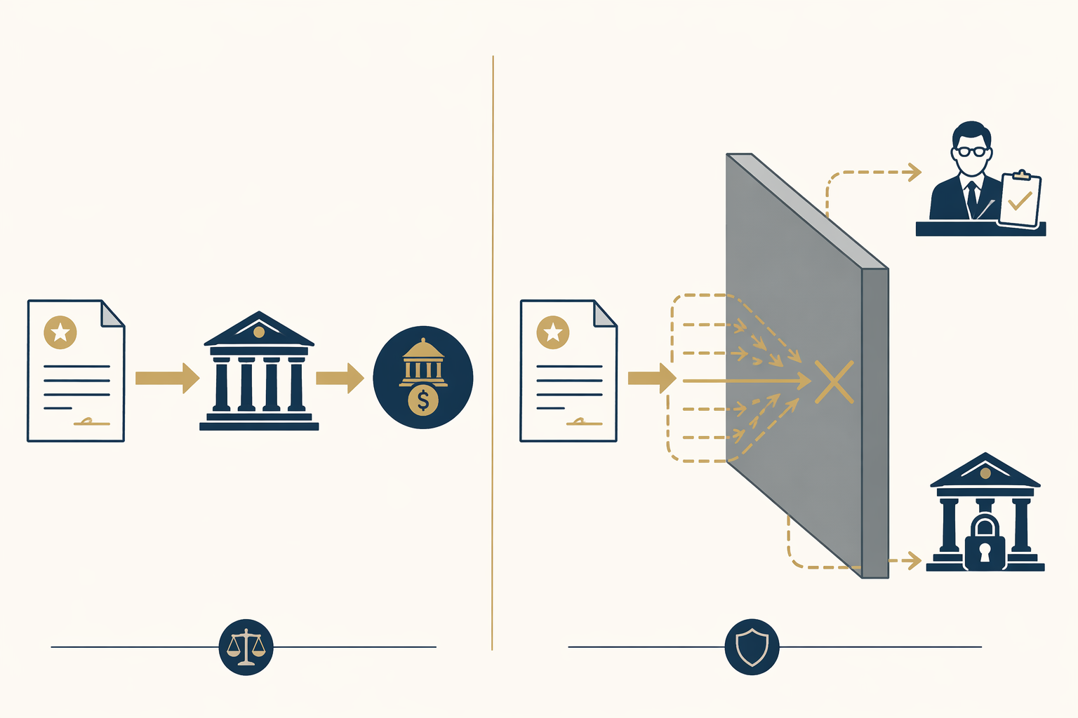Infographic comparing direct court enforcement of appropriations with a narrowed path through a comptroller and courthouse barrier