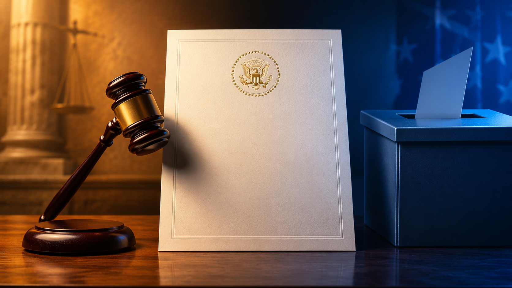 Executive order document beside a gavel and a ballot box under split lighting